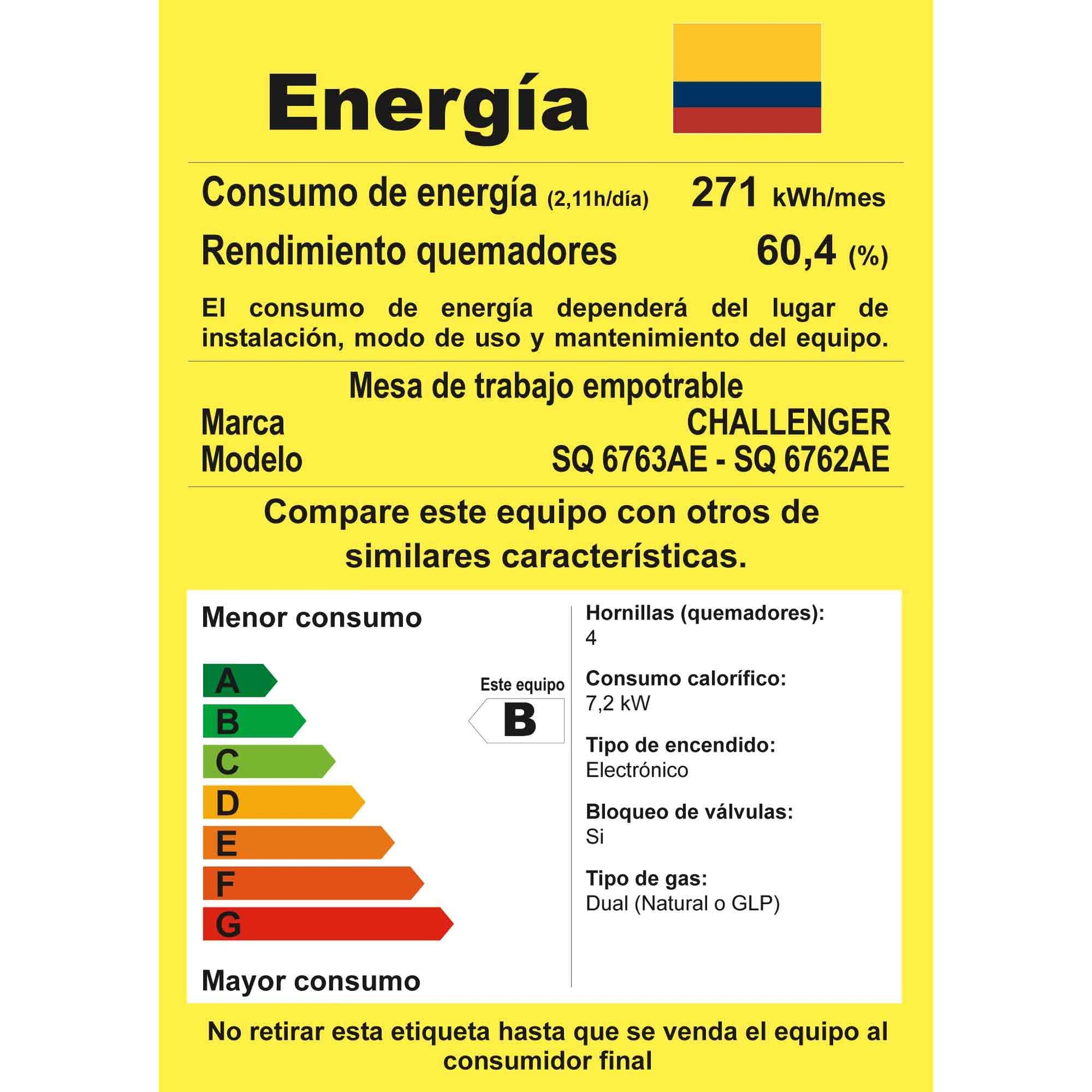 Cubierta a gas SQ 6762 Challenger CRISTAL SQUADRA 4 puestos Vidrio templado Negro