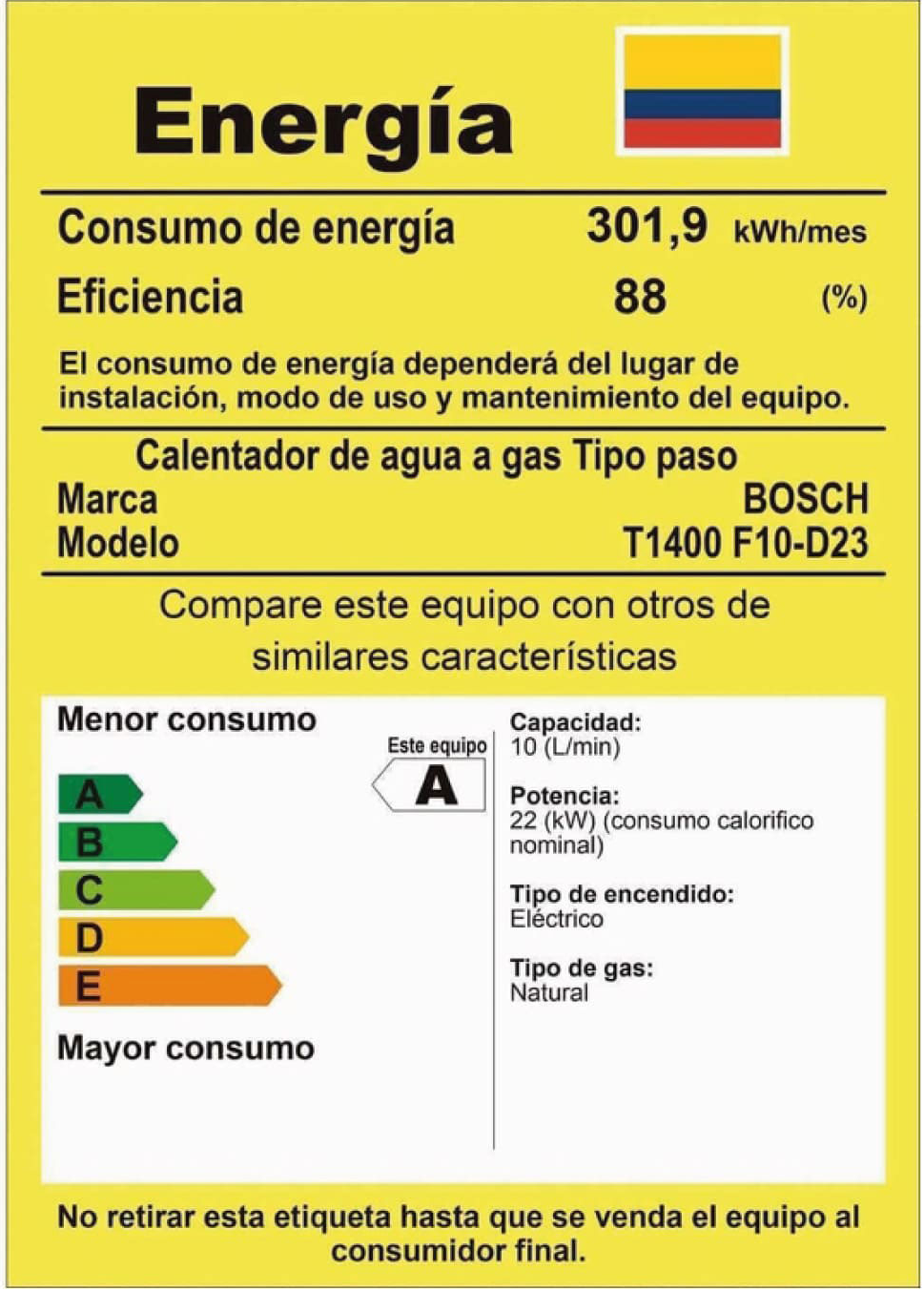 Calentador 10 Lts de paso a gas THERM 1400 Bosch GN Blanco