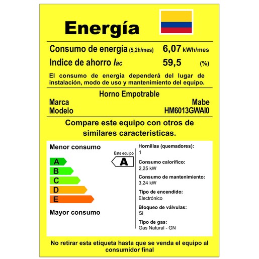 Horno 60cms Negro de Empotrar a gas de HM6013GWA Mabe