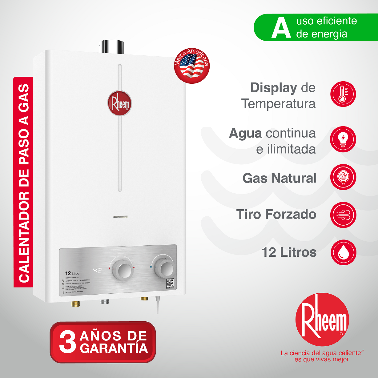 Calentador de 12Lts de paso Rheem Tiro Forzado